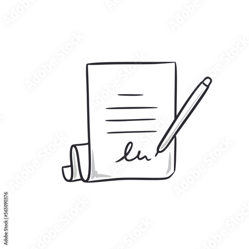 Contract document doodle. Contract paper with signature hand drawn sketch style icon. Agreement comic doodle drawn concept. Vector illustration.