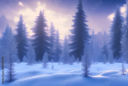 Winter landscape with fir trees, snowflakes and heavy snowfall shining stars in the sky - generative ai