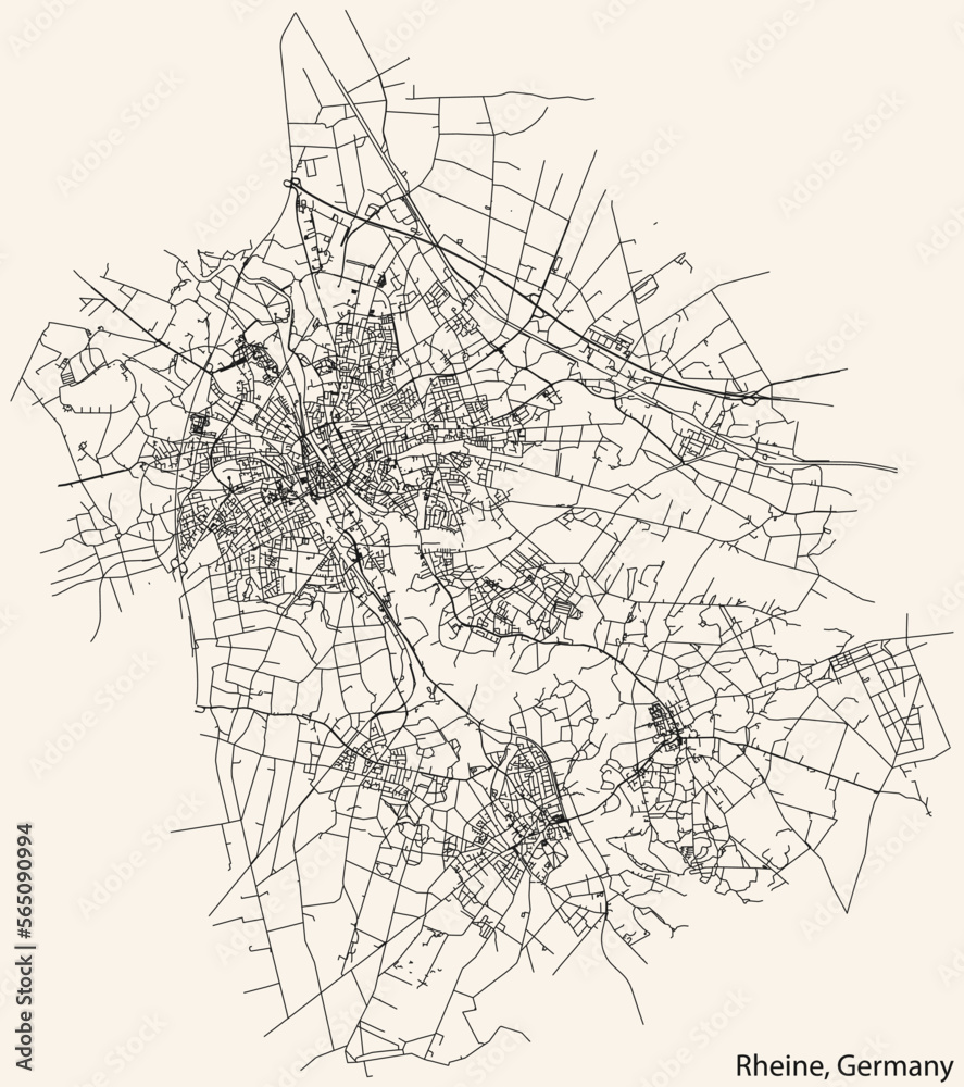 Detailed navigation black lines urban street roads map of the German town of RHEINE, GERMANY on vintage beige background