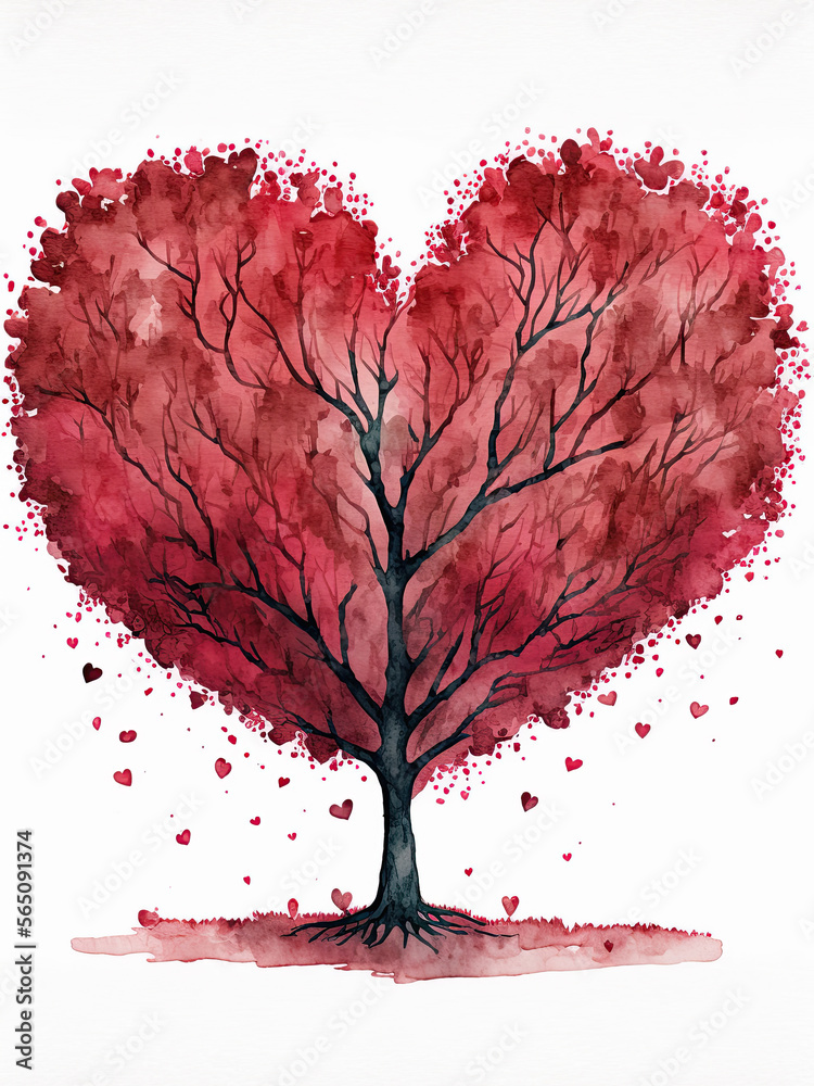 The Tree of love. Heart tree. Symbol of love. Heart watercolor painting. Watercolor valentines day background - obrazy, fototapety, plakaty 
