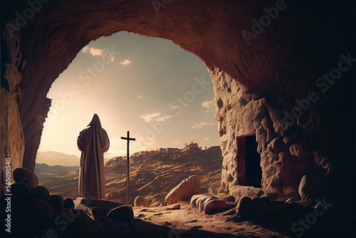 Leinwand Poster Empty tomb cave with a cross in the background