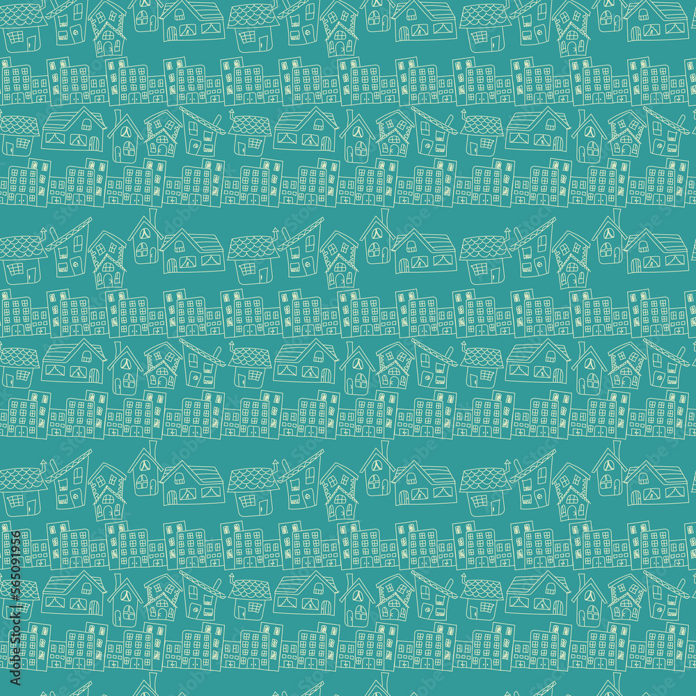 Seamless pattern with outline houses on blue background Seamless pattern with outline houses on blue background