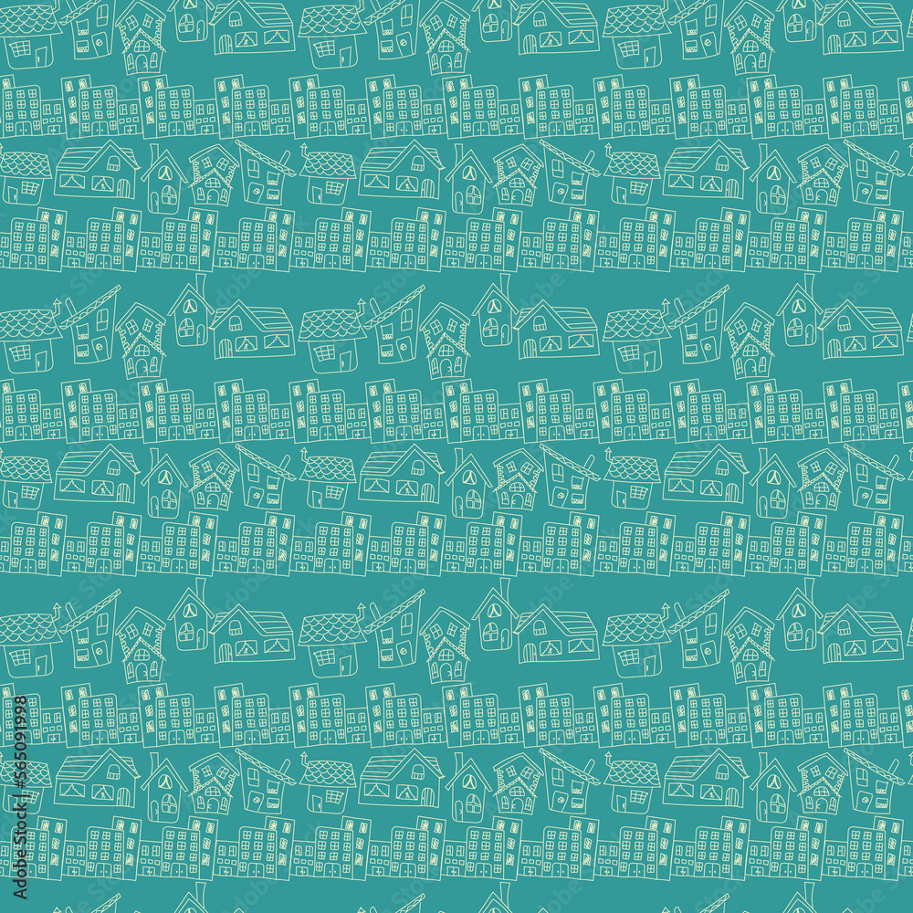 Seamless pattern with outline houses on blue background vector