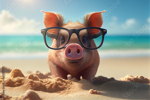 Pig in the glasses on the beach. Generative AI © Generative Professor