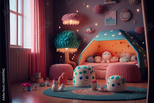 Colorful interior of a children's room, pink pastel colors. Generative AI