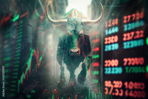 a bull as investing and stock market concept downtrend and uptrend and losses wins with candlestick charts, fictional texts and symbols. Generative AI