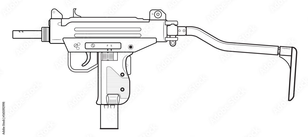 Vector illustration of the MICRO UZI israel machine gun with unfolded stock on the white background. Left side. - obrazy, fototapety, plakaty 
