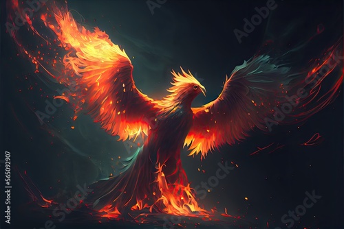 Realistic phoenix burning bird in the sunset. Generative AI