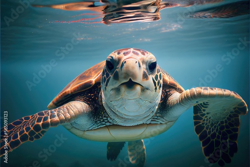 Big turtle swimming in the ocean under water. Generative AI © Generative Professor