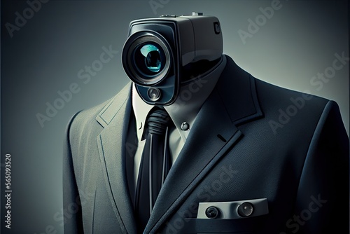 CCTV surveillance security camera in business suit, spying privacy technology. Generative AI