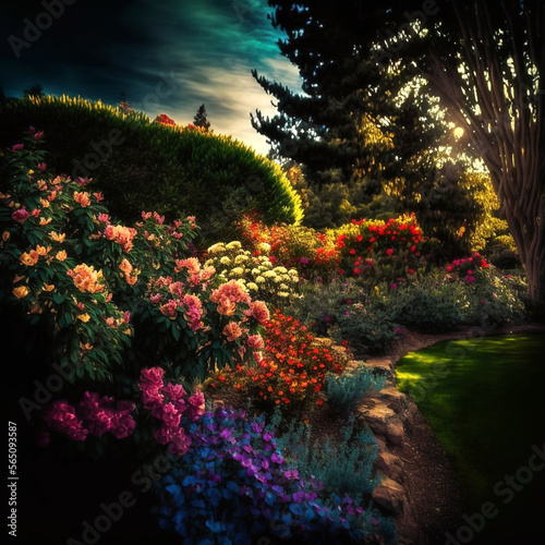 Magic garden in sunlight  beautiful flowers. Beauty in nature. Beautiful garden in realistic style.