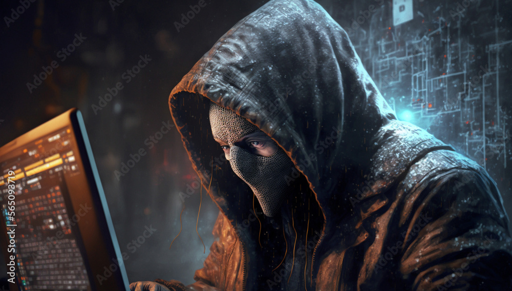 an evil looking man with a hoodie on a laptop, abstract hacking by a hacker, dark and abstract programming code. Generative AI an evil looking man with a hoodie on a laptop, abstract hacking by a hacker, dark and abstract programming code. Generative AI