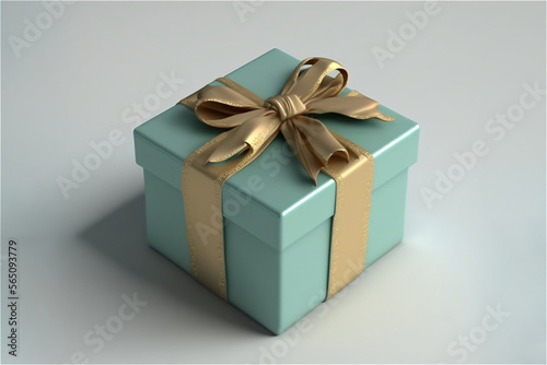 Blue gift box with golden bows on isolated background. Minimal decoration package. Generative AI