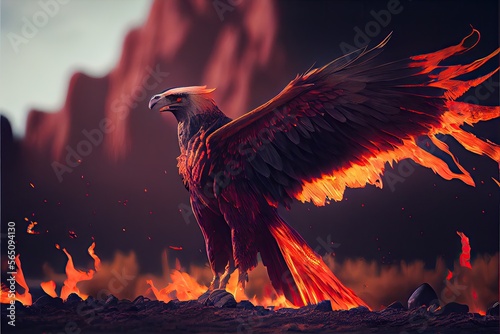 Realistic phoenix burning bird in the sunset. Generative AI © Generative Professor