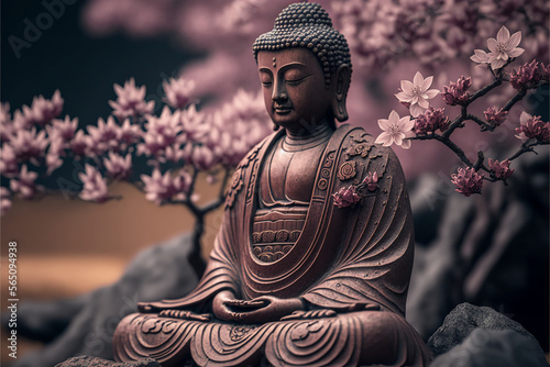 Buddha statue with cherry blossom. Mediation and zen concept. Illustration Graphic Design with Generative AI.