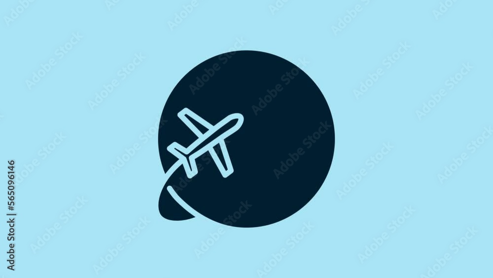 Blue Globe with flying plane icon isolated on blue background. Airplane fly around the planet earth. Aircraft world icon. 4K Video motion graphic animation Blue Globe with flying plane icon isolated on blue background. Airplane fly around the planet earth. Aircraft world icon. 4K Video motion graphic animation