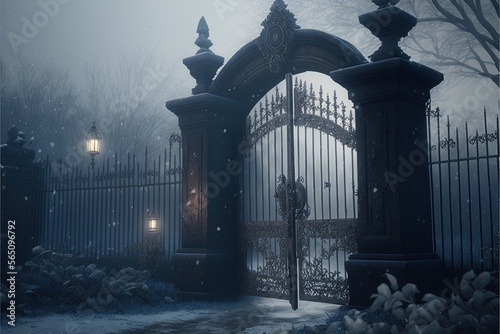 A Victorian old black gate slightly visible in the fog and frosted landscape.
