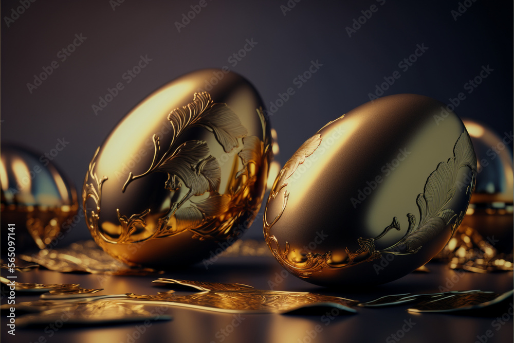 Gold and metallic easter eggs close-up. Generative ai