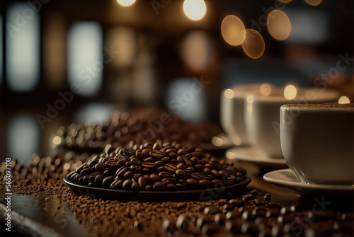 Coffee beans close up. Blurred coffee house background. Generative AI