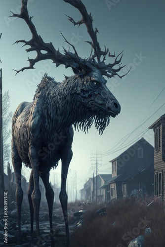 An emaciated elk Wendigo creature lurking at the edge of town.