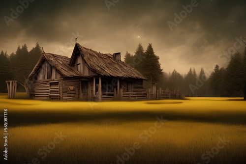 Outdoor photo of realistic old creepy wooden ranch isolated in the middle of a field, yellow grass, night time, eerie, horror, creepy, cinematic, depth of field, colour graded - generative ai