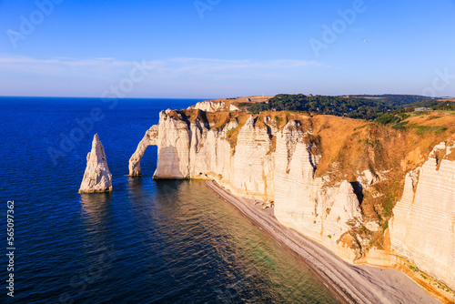 Etretat Aval cliff and rocks landmark and ocean . Normandy, France.