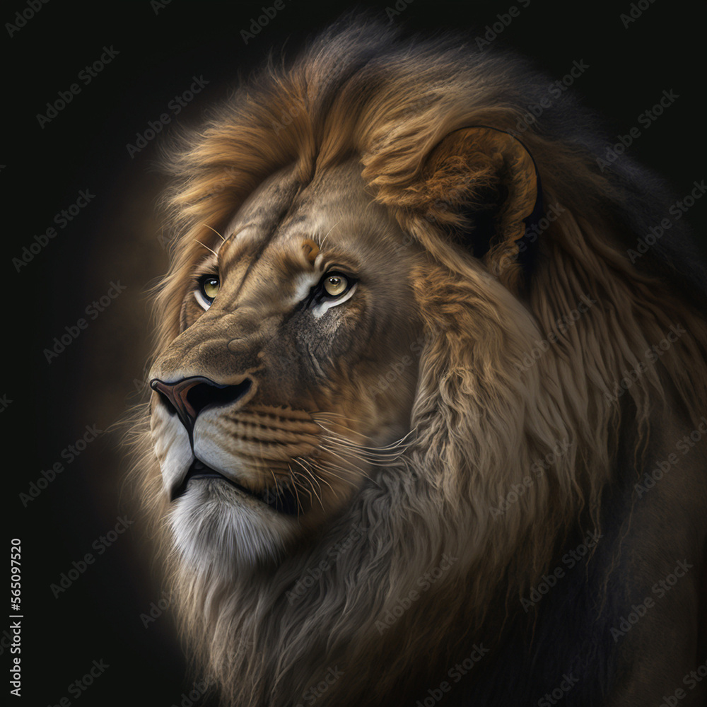 rough image of a male lion, lion head close up. Generative AI