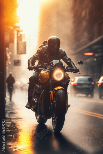 Biker riding a cafe racer motorbike futuristic style.  Generative ai