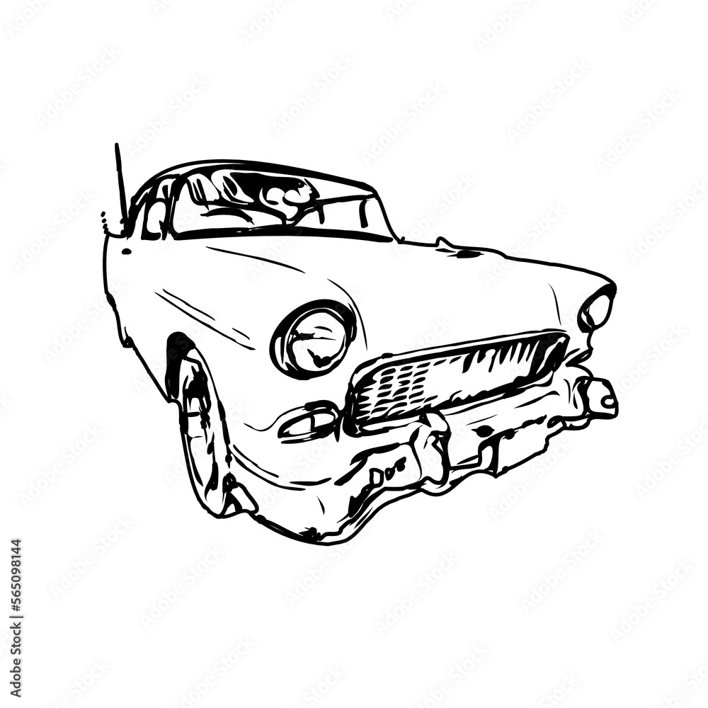 black and white sketch of a classic car with transparent background