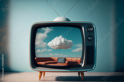 retro tv on background blue wall photo