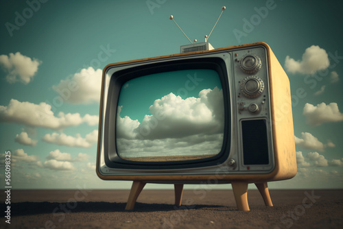 retro tv in field on background sky with clouds