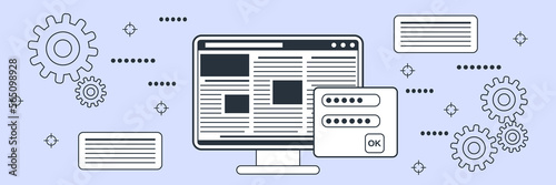 Computer protection, information security, account control flat contour style vector concept illustration