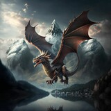 dragon flying in the mountains illustration design