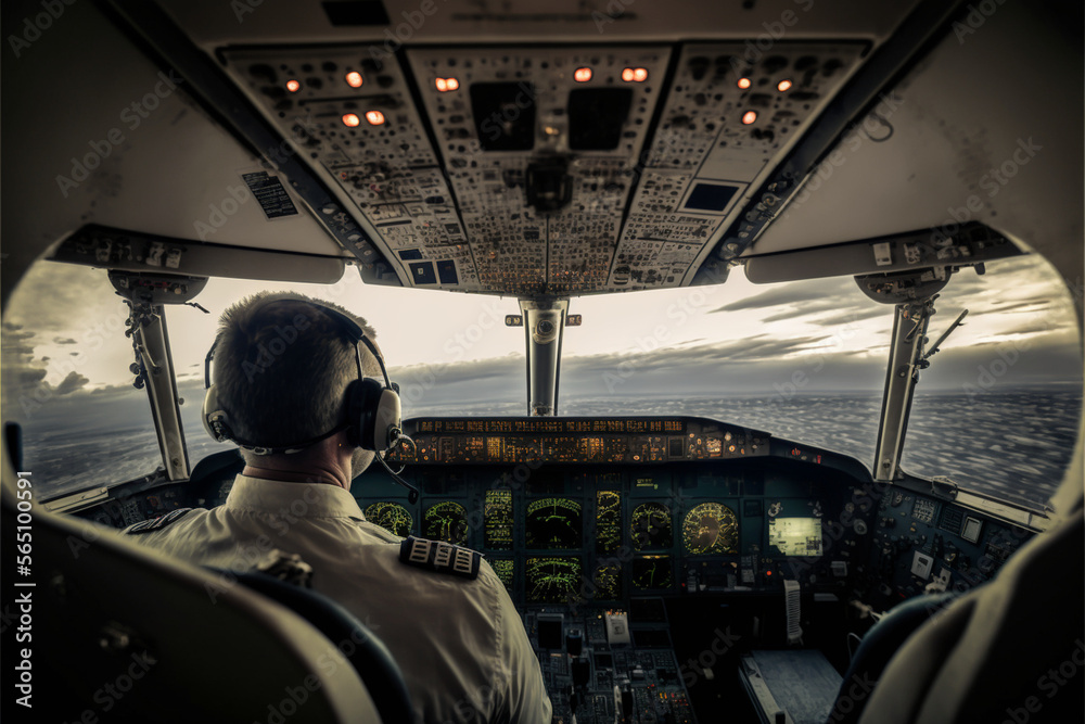Fototapeta premium Professional pilot sitting in boeing, Generative ai