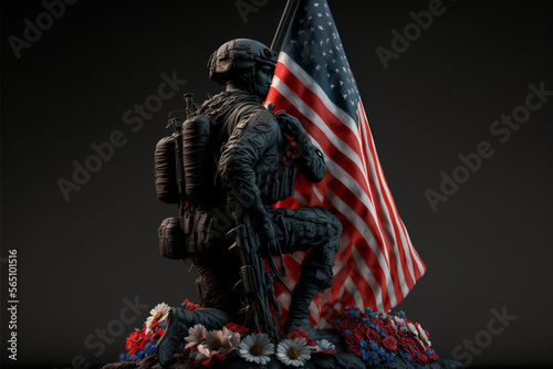 3D illustration of an American soldier. Memorial Day. Flowers. generative AI