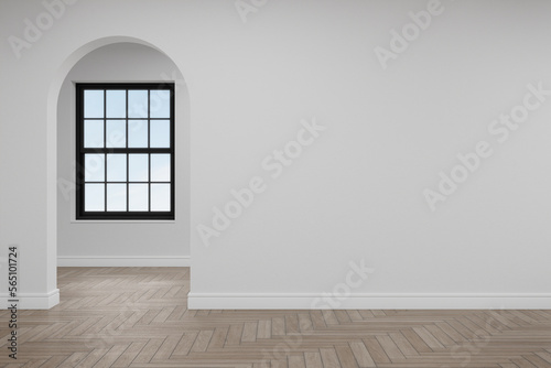 Empty white arch wall with window. 3d rendering of interior living room with sky background.