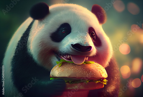 Adorable panda plushie with a juicy burger, ideal for children's ads, fast food promotions, and playful branding. photo