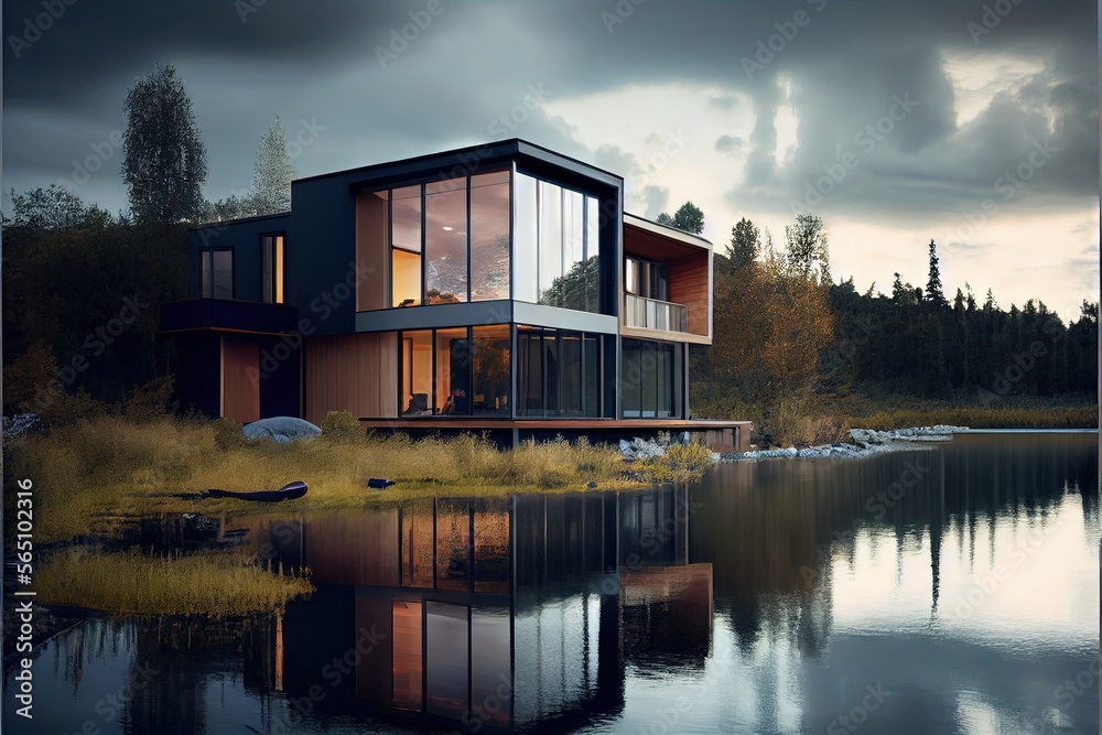 Obraz premium Sunset over the river. AI generated art illustration.