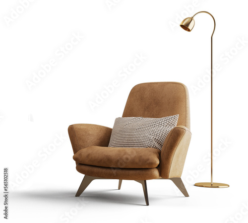 Obraz na plátně Leather armchair with pillow and floor lamp