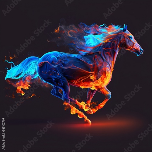 Running horse racing horse burns blue-orange flames on dark background generated by AI