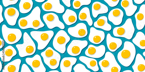 Many fried eggs on blue background, food in the flat style, abstract vector design seamless pattern