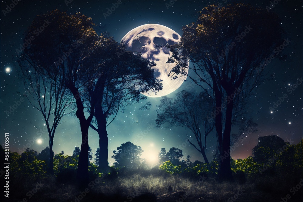 forest with moonrise between the trees evening sky moon. Generative Ai