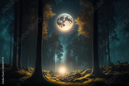 forest with moonrise between the trees evening sky moon. Generative Ai photo