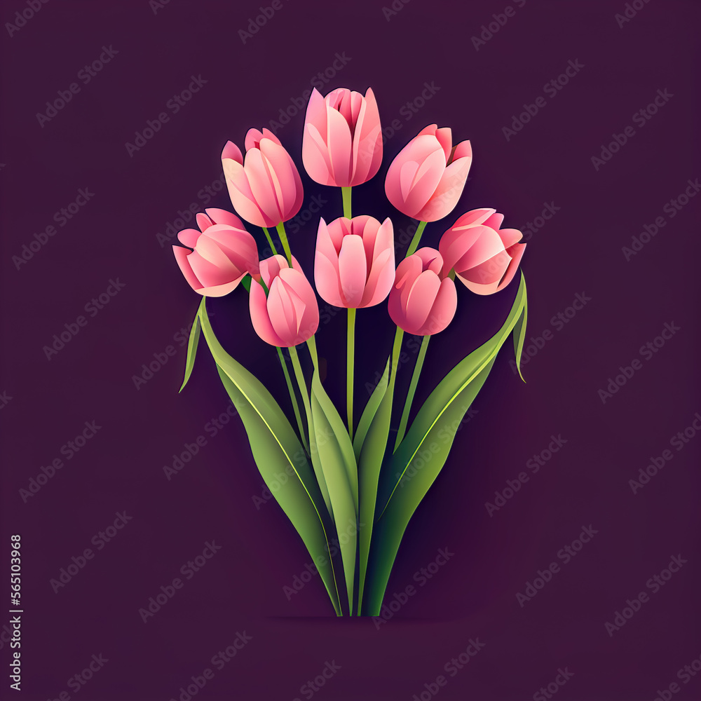 Simple icons of spring flowers. Bouquet of pink tulips for Valentine's day isolated background Simple icons of spring flowers. Bouquet of pink tulips for Valentine's day isolated background