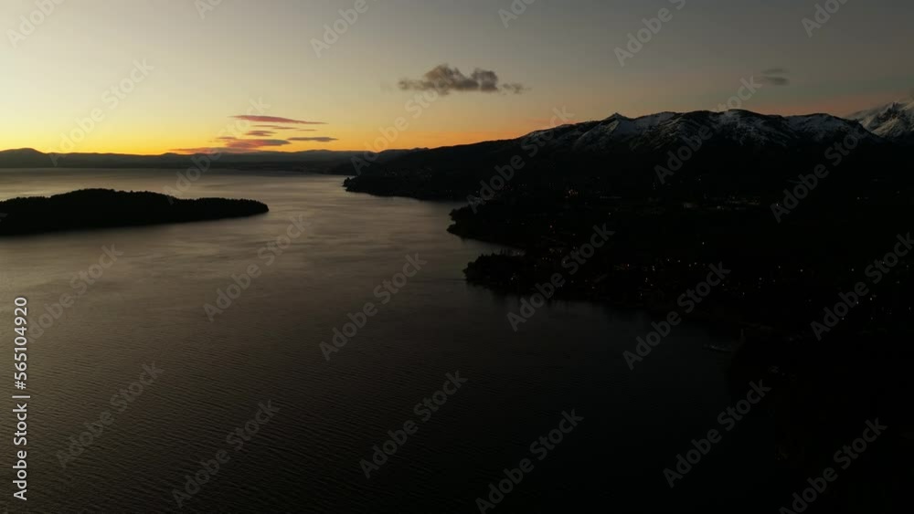 Drone Over Bariloche Lake With A View Of The Town And Mountain Range Drone Over Bariloche Lake With A View Of The Town And Mountain Range