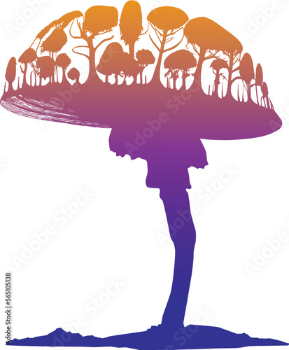 Vector art. Forest on a mushroom. Isolated art.