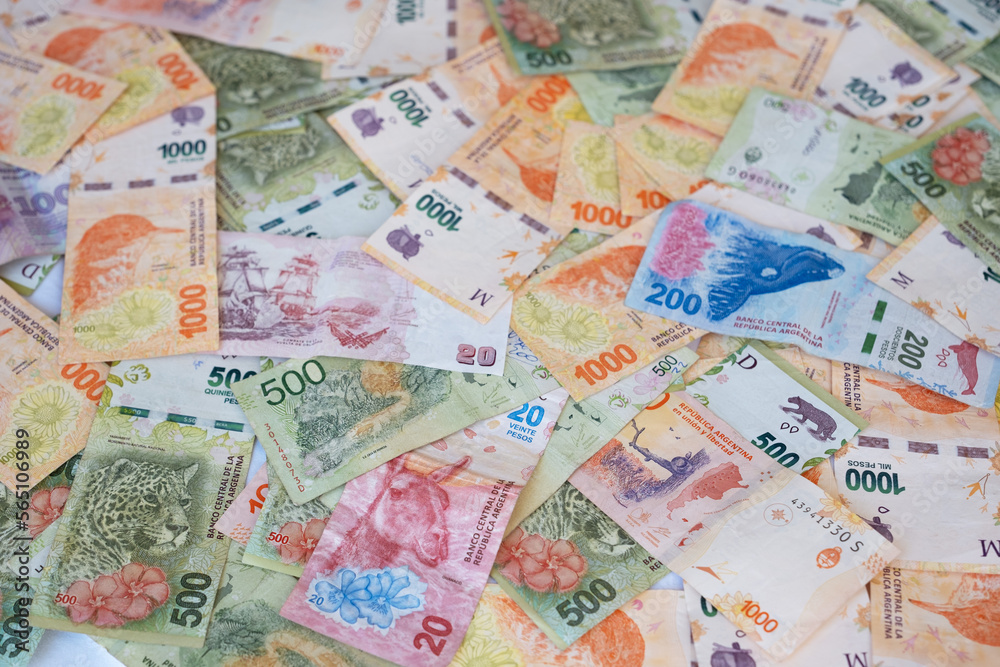 Fototapeta premium Currency notes of Argentine peso cash.Economic,financial crisis in Argentina, economy, money, bank concept, background.