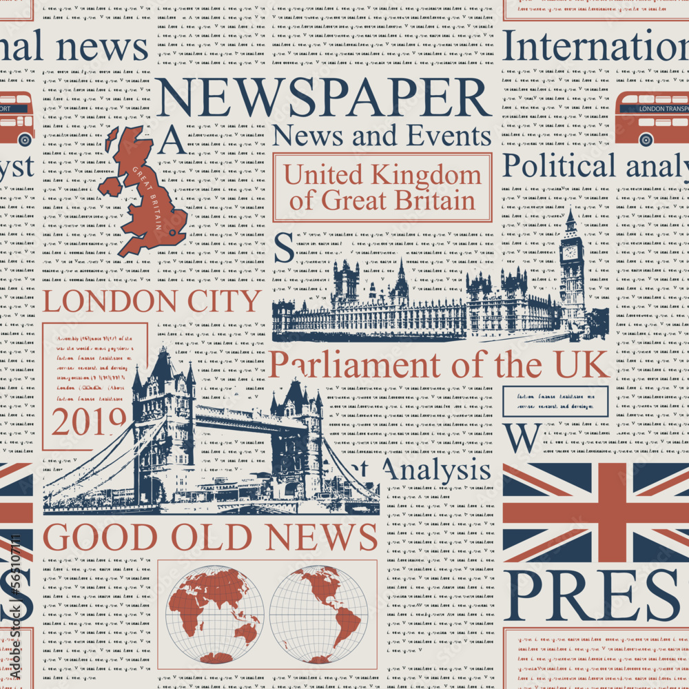 Vector seamless pattern with UK or London newspaper. Page of newspaper or magazine with headings, illustrations and unreadable text. Can be used as wallpaper, wrapping paper or fabric