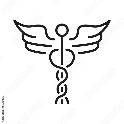 Caduceus Medical Sign. Pharmacy Emblem, Emergency Hospital Linear Pictogram. Pharmaceutical Healthcare Outline Icon. Caduceus Greek Insignia Line Icon. Editable Stroke. Isolated Vector Illustration