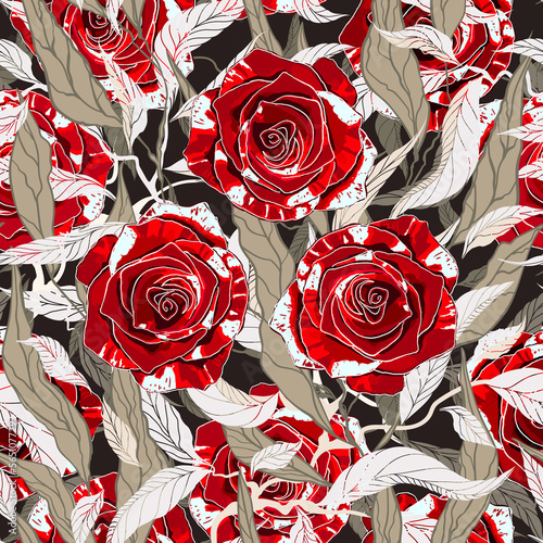Seamless dark brown grey floral pattern with white leaves, twigs and red roses on a square background.